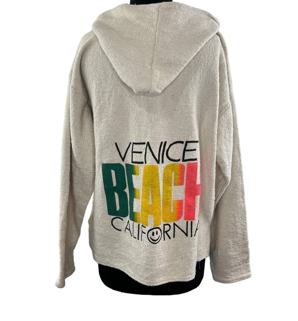 Venice Beach California Off White Long Sleeve Pullover Hoodie Top Sweatshirt M L